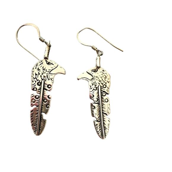 AJM Navajo Sterling Silver Eagle Feather Earrings - Picture 1 of 6